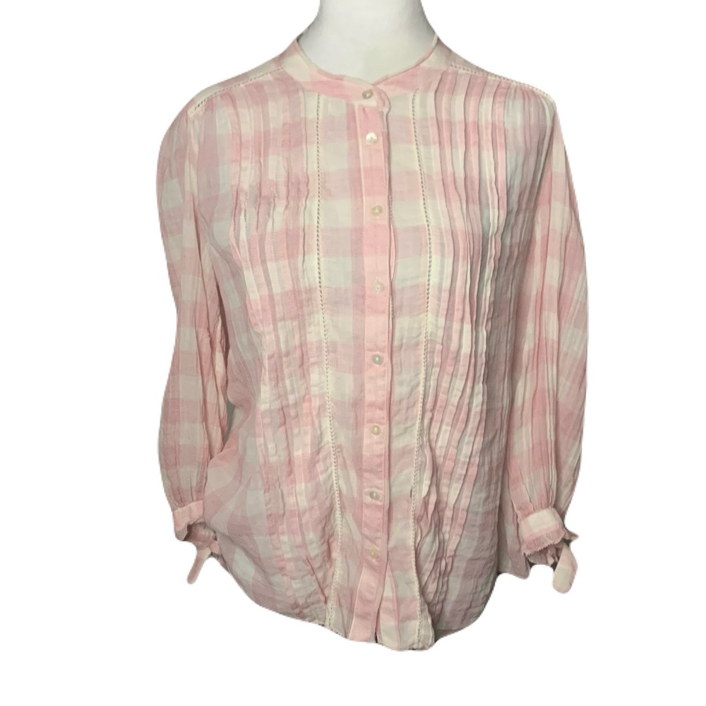 Sundance Small Cotton Pink Checkered Button Casual Feminine Tie Wrist Blouse